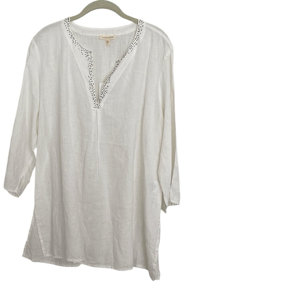 NWT Eileen Fisher White Handkerchief Linen Tunic Top Sequin Trim XL